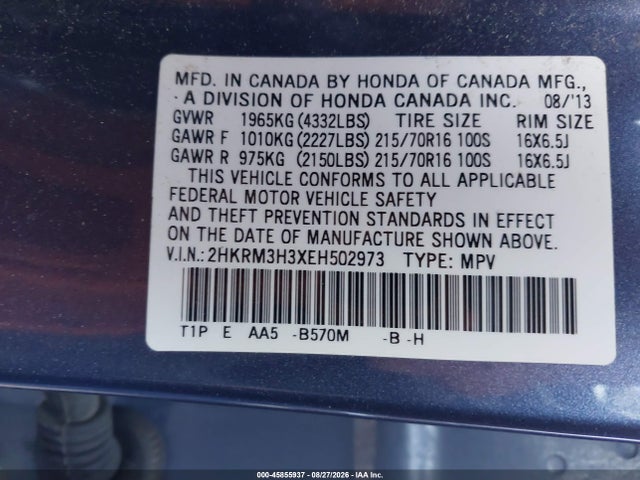 45855937 :رقم المزاد ، 2HKRM3H3XEH502973 vin ، 2014 Honda Cr-v Lx مزاد بيع