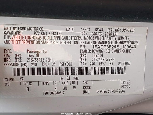 45855939 :رقم المزاد ، 1FADP3F25EL109640 vin ، 2014 Ford Focus Se مزاد بيع