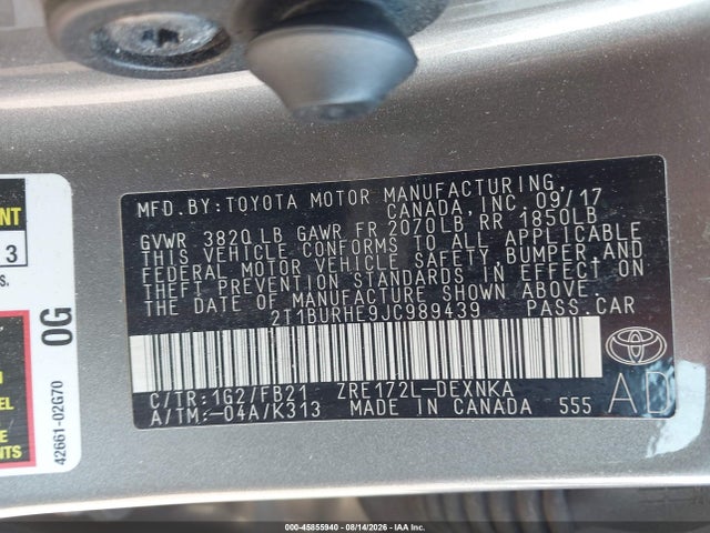 Toyota COROLLA LE 2018 2T1BURHE9JC989439 Image 9