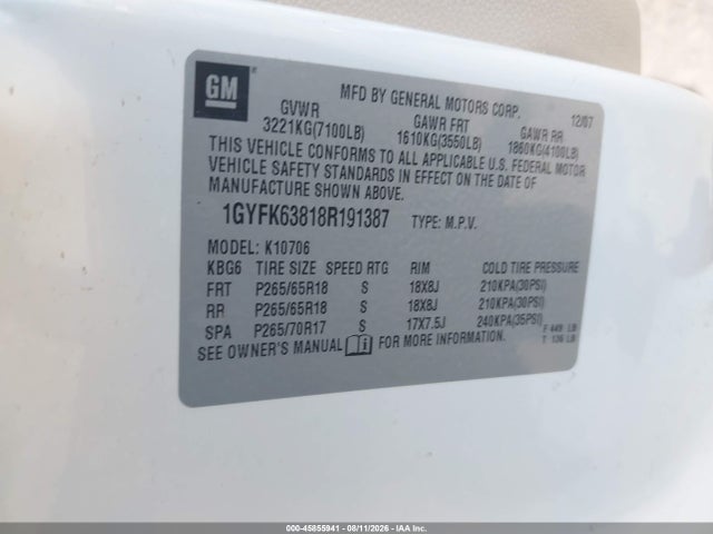 45855941 :رقم المزاد ، 1GYFK63818R191387 vin ، 2008 Cadillac Escalade مزاد بيع