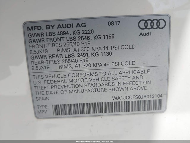 Aukcja sprzedaży 2018 Audi Q3 2.0t Premium/2.0t Sport Premium, vin: WA1JCCFS8JR012104, numer aukcji: 45855944