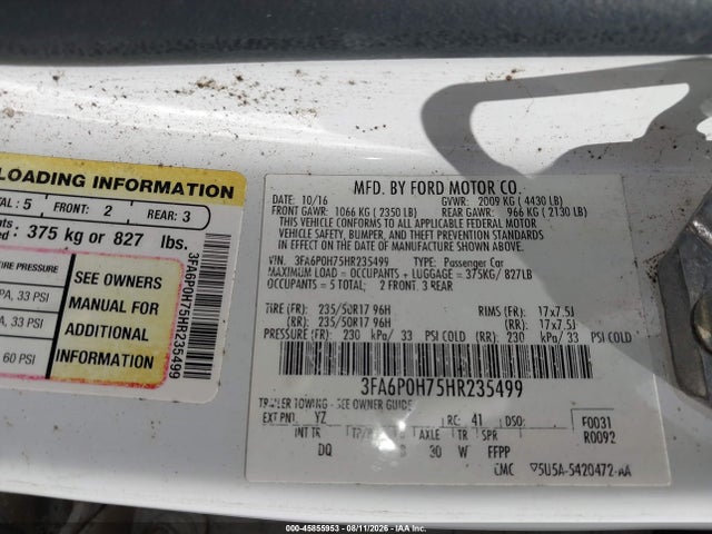 Auction sale of the 2017 Ford Fusion Se, vin: 3FA6P0H75HR235499, lot number: 45855953