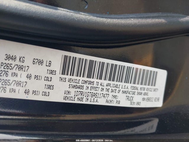 2010 Dodge Ram 1500 St მანქანა იყიდება აუქციონზე, vin: 1D7RV1GT6AS117477, აუქციონის ნომერი: 45855961