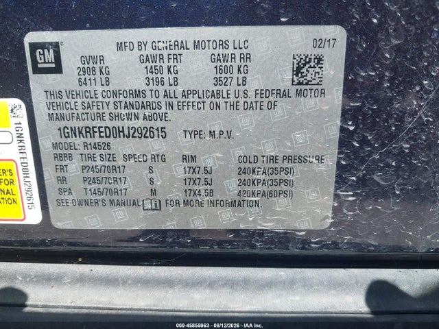 45855963 :رقم المزاد ، 1GNKRFED0HJ292615 vin ، 2017 Chevrolet Traverse Ls مزاد بيع