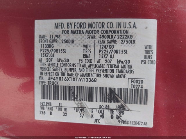 45855972 :رقم المزاد ، 4F4YR16X1XTM13368 vin ، 1999 Mazda B4000 Se مزاد بيع