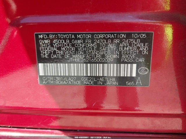 45855991 :رقم المزاد ، JTHBE262165002039 vin ، 2006 Lexus Is 350 مزاد بيع