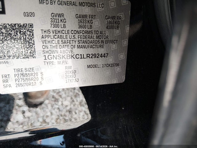 45855998 :رقم المزاد ، 1GNSKBKC1LR292447 vin ، 2020 Chevrolet Tahoe 4wd Lt مزاد بيع