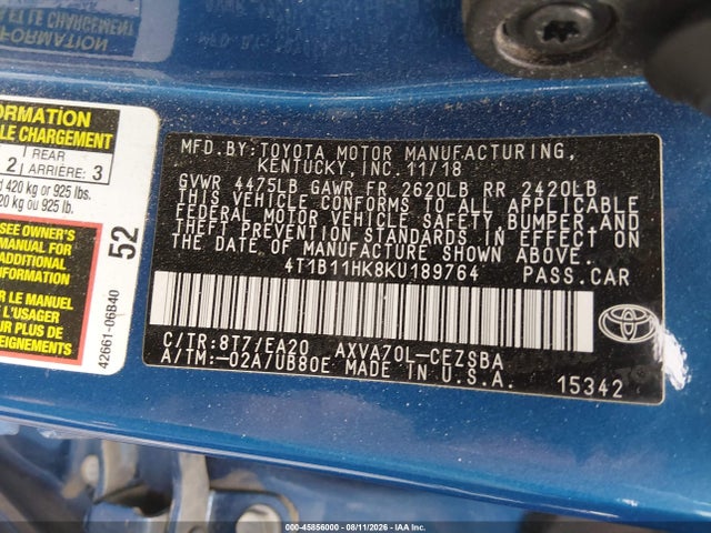 Продажа на аукционе авто 2019 Toyota Camry Se, vin: 4T1B11HK8KU189764, номер лота: 45856000