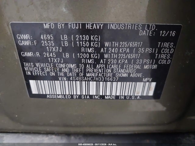 Продаж на аукціоні авто 2017 Subaru Outback 2.5i Premium, vin: 4S4BSAHC7H3316637, номер лоту: 45856029