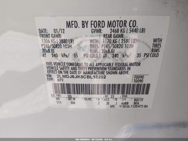 45856044 :رقم المزاد ، 2LMDJ6JK5CBL18202 vin ، 2012 Lincoln Mkx مزاد بيع