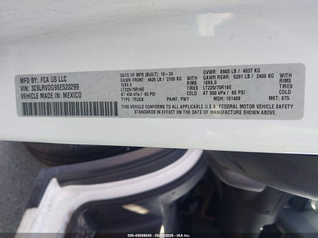 2025 Ram Promaster 2500 Tradesman High Roof 159 Wb W/pass Seat მანქანა იყიდება აუქციონზე, vin: 3C6LRVDG9SE520299, აუქციონის ნომერი: 45856049