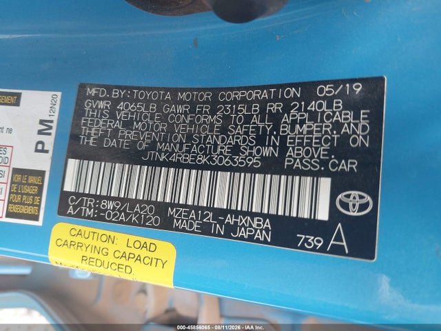 45856065 :رقم المزاد ، JTNK4RBE8K3063595 vin ، 2019 Toyota Corolla Xse مزاد بيع