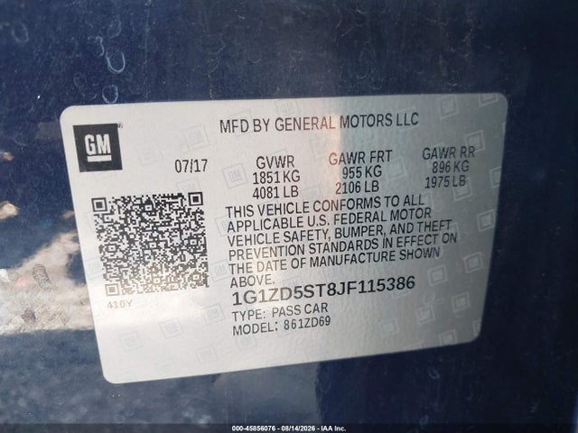 45856076 :رقم المزاد ، 1G1ZD5ST8JF115386 vin ، 2018 Chevrolet Malibu Lt مزاد بيع