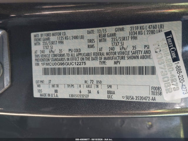 Ford ESCAPE SE 2016 1FMCU0G96GUC12275 Image 9