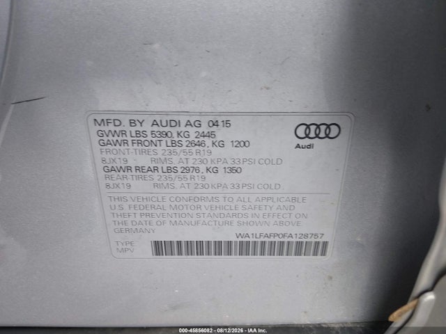 Продажа на аукционе авто 2015 Audi Q5 2.0t Premium, vin: WA1LFAFP0FA128757, номер лота: 45856082