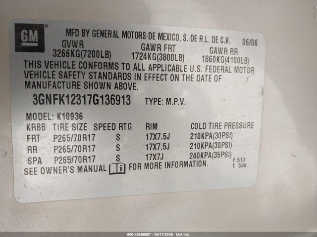 45856097 :رقم المزاد ، 3GNFK12317G136913 vin ، 2007 Chevrolet Avalanche 1500 Lt مزاد بيع