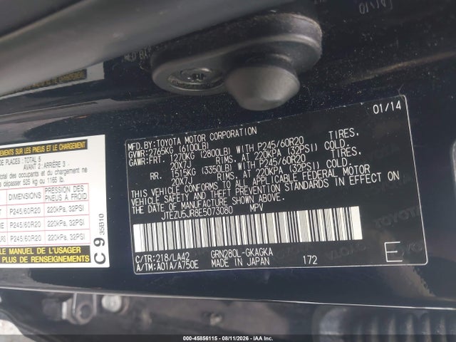 Aukcja sprzedaży 2014 Toyota 4runner Limited, vin: JTEZU5JR8E5073080, numer aukcji: 45856115