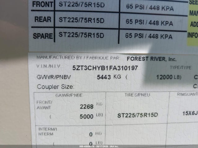 Продаж на аукціоні авто 2015 Forest River Chaparral, vin: 5ZT3CHYB1FA310197, номер лоту: 45856116