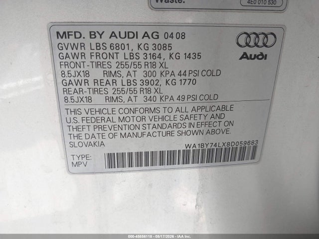 2008 Audi Q7 3.6 Premium მანქანა იყიდება აუქციონზე, vin: WA1BY74LX8D059683, აუქციონის ნომერი: 45856118