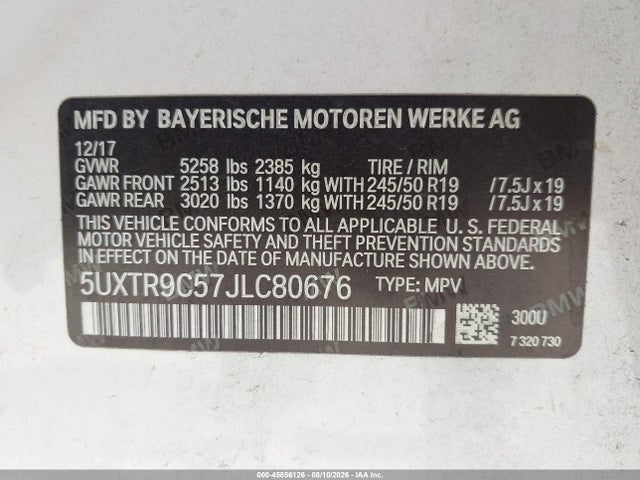 Продаж на аукціоні авто 2018 Bmw X3 Xdrive30i, vin: 5UXTR9C57JLC80676, номер лоту: 45856126