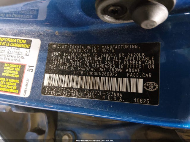 45856129 :رقم المزاد ، 4T1B11HK0KU260973 vin ، 2019 Toyota Camry Le مزاد بيع