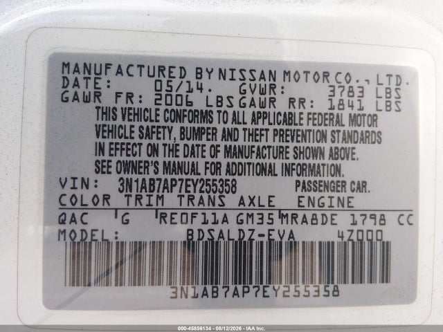 3N1AB7AP7EY255358 Nissan Sentra Fe+ S/fe+ Sv/s/sl/sr/sv