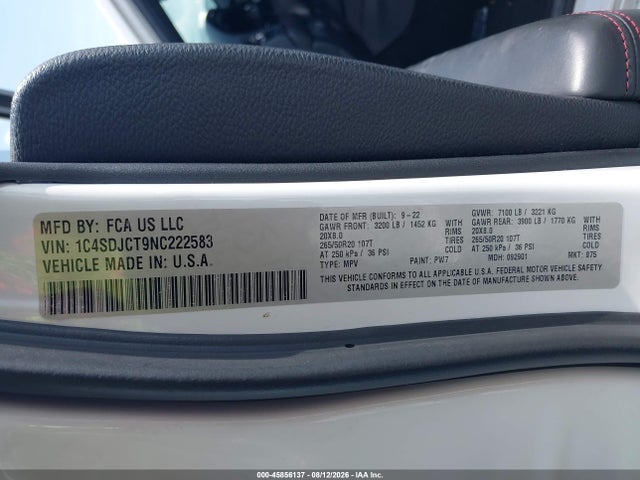 Продаж на аукціоні авто 2022 Dodge Durango R/t Awd, vin: 1C4SDJCT9NC222583, номер лоту: 45856137
