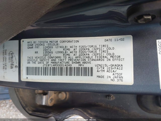 45856140 :رقم المزاد ، JTEBT14R930014249 vin ، 2003 Toyota 4runner Sr5 V8 مزاد بيع