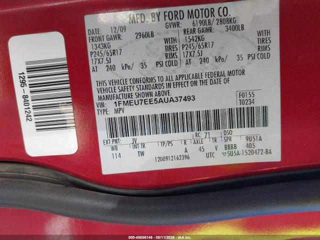 45856146 :رقم المزاد ، 1FMEU7EE5AUA37493 vin ، 2010 Ford Explorer Eddie Bauer مزاد بيع