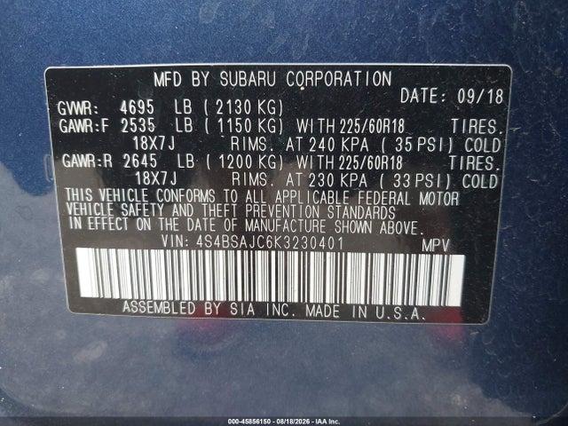 Aukcja sprzedaży 2019 Subaru Outback 2.5i Limited, vin: 4S4BSAJC6K3230401, numer aukcji: 45856150