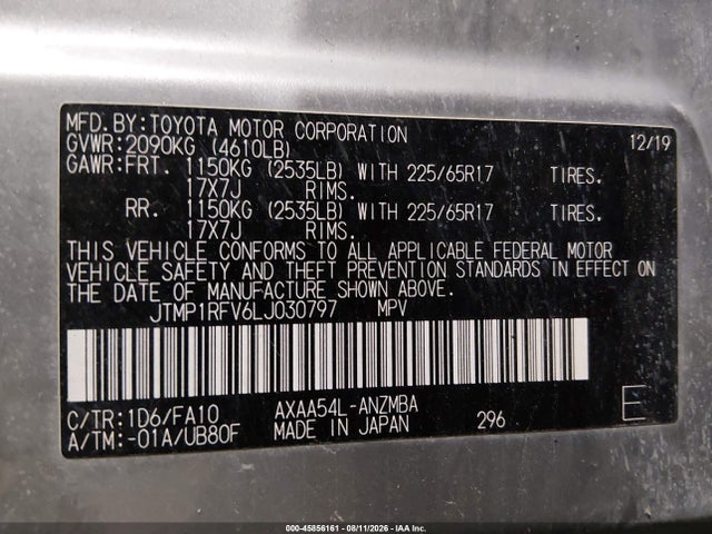 45856161 :رقم المزاد ، JTMP1RFV6LJ030797 vin ، 2020 Toyota Rav4 Xle مزاد بيع