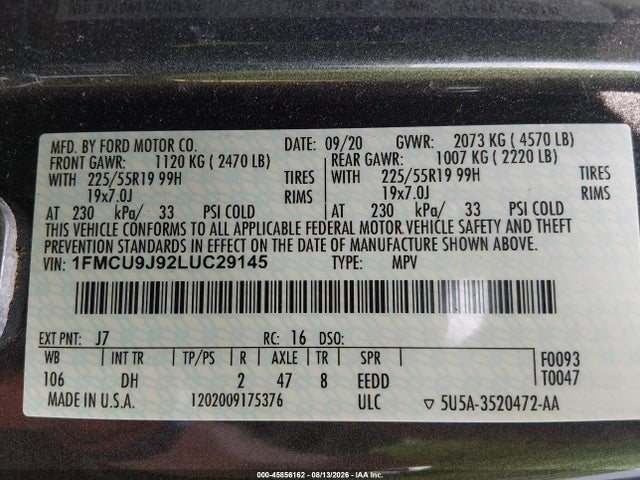 Продаж на аукціоні авто 2020 Ford Escape Titanium, vin: 1FMCU9J92LUC29145, номер лоту: 45856162