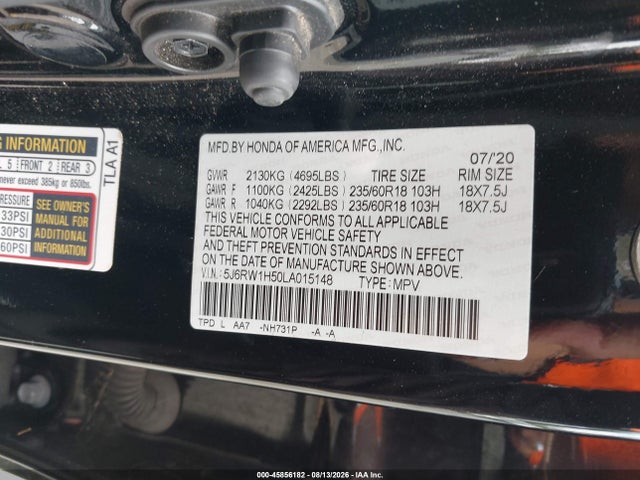 Продажа на аукционе авто 2020 Honda Cr-v 2wd Ex, vin: 5J6RW1H50LA015148, номер лота: 45856182