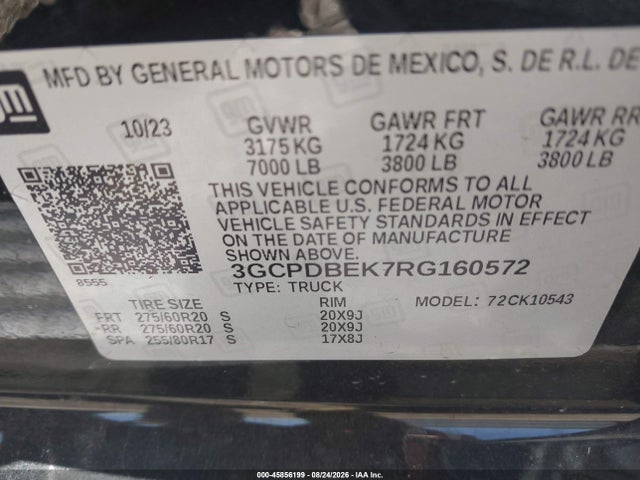 2024 Chevrolet Silverado 1500 მანქანა იყიდება აუქციონზე, vin: 3GCPDBEK7RG160572, აუქციონის ნომერი: 45856199