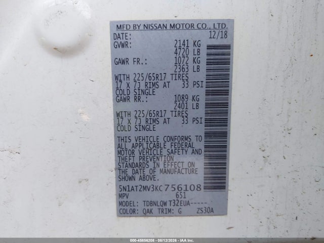 Продаж на аукціоні авто 2019 Nissan Rogue Sv, vin: 5N1AT2MV3KC756108, номер лоту: 45856208