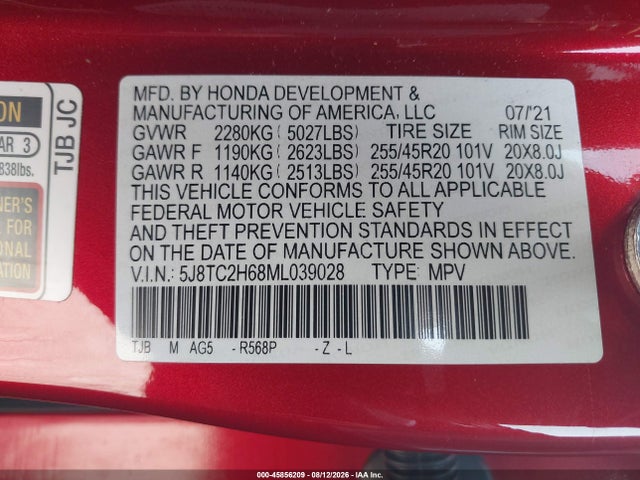 45856209 :رقم المزاد ، 5J8TC2H68ML039028 vin ، 2021 Acura Rdx A-spec Package مزاد بيع