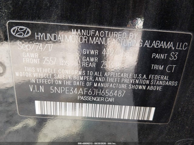 2018 Hyundai Sonata Sport მანქანა იყიდება აუქციონზე, vin: 5NPE34AF6JH656487, აუქციონის ნომერი: 45856213