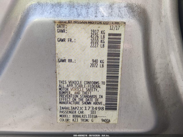 45856216 :رقم المزاد ، 1N4AL3AP2JC173498 vin ، 2018 Nissan Altima 2.5 Sl مزاد بيع