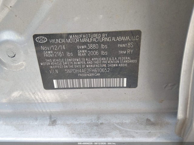 2015 Hyundai Elantra Se მანქანა იყიდება აუქციონზე, vin: 5NPDH4AE2FH610652, აუქციონის ნომერი: 45856225