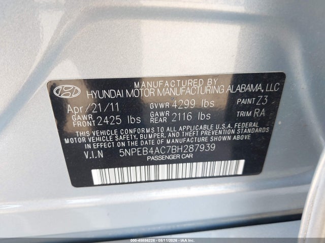 Продаж на аукціоні авто 2011 Hyundai Sonata Gls, vin: 5NPEB4AC7BH287939, номер лоту: 45856228