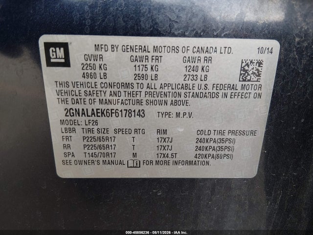 Продажа на аукционе авто 2015 Chevrolet Equinox Ls, vin: 2GNALAEK6F6178143, номер лота: 45856236