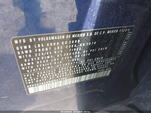 Aukcja sprzedaży 2022 Volkswagen Taos 1.5t Sel, vin: 3VV2X7B25NM041760, numer aukcji: 45856239