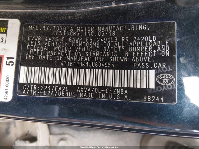 45856240 :رقم المزاد ، 4T1B11HK1JU604955 vin ، 2018 Toyota Camry L/le/xle/se/xse مزاد بيع