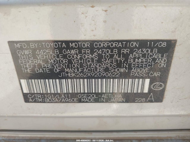 45856253 :رقم المزاد ، JTHBK262X92090622 vin ، 2009 Lexus Is 250 مزاد بيع