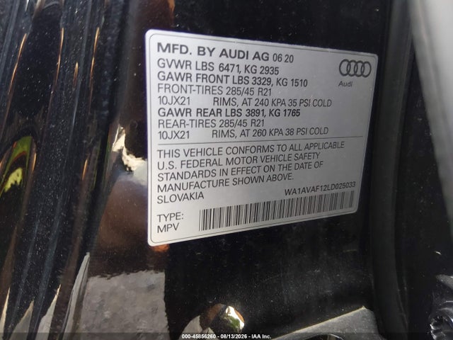 Продаж на аукціоні авто 2020 Audi Q8 Premium 55 Tfsi Quattro Tiptronic, vin: WA1AVAF12LD025033, номер лоту: 45856260