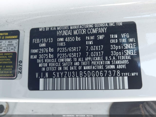 Aukcja sprzedaży 2013 Hyundai Santa Fe Sport, vin: 5XYZU3LB5DG067378, numer aukcji: 45856264