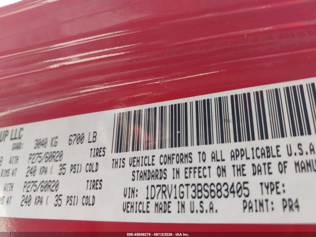 45856278 :رقم المزاد ، 1D7RV1GT3BS683405 vin ، 2011 Ram Ram 1500 Slt مزاد بيع