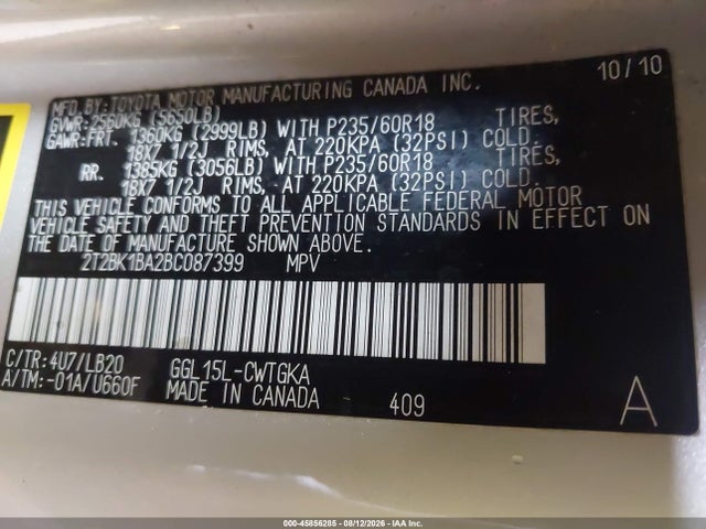 Aukcja sprzedaży 2011 Lexus Rx 350, vin: 2T2BK1BA2BC087399, numer aukcji: 45856285