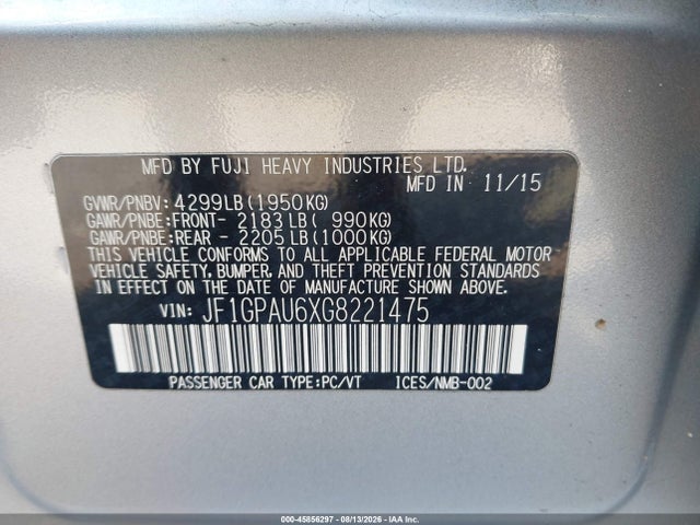 45856297 :رقم المزاد ، JF1GPAU6XG8221475 vin ، 2016 Subaru Impreza 2.0i Sport Limited مزاد بيع