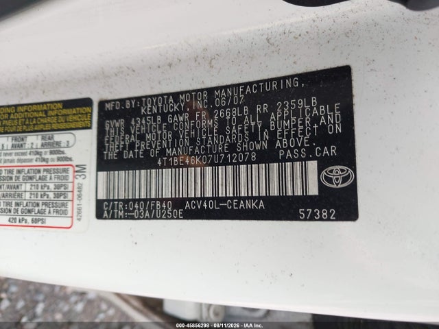 2007 Toyota Camry Le მანქანა იყიდება აუქციონზე, vin: 4T1BE46K07U712078, აუქციონის ნომერი: 45856298